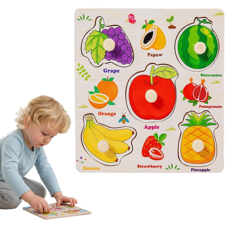 Toddler Wooden Peg Puzzle Toys for Age 2-4 3-5 Year Old Boys Girls,Educational Learning Sensory Toy,Animals, Traffic,Farm,Ocean, Vegetable,Insect Great Preschool for Girls Boys (Fruit) - Image 1